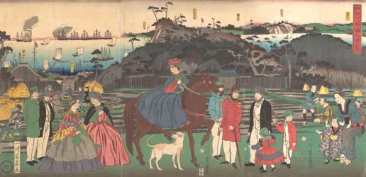 Utlänningar som besöker den berömda platsen Gongen i Kanagawa, 2:a månaden, 1861.