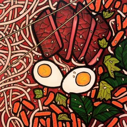 Ramen noodle beef, 2022 (blandteknik på träskiva)