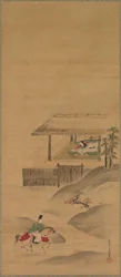 Minamoto no Nakakuni besöker Lady Kogo, Triptyk av hängande rullar, sent 1600-tal (bläck och färg på siden)