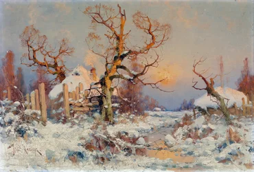 Vinterlandskap i kvällssolen. Målning av Juli Julievich (Julius) von Klever (1850-1924), olja på duk, sent 1800-tidigt 1900-tal. Rysk konst, realism. Privat samling.