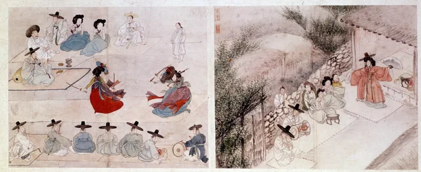 Art coreen: kvinnors stridsscen i det dagliga livet. Tryck av Sin Yun Bok (eller Hyewon gjorde 1758). 1700- eller 1800-talet. Hyung Pil Chun Collection