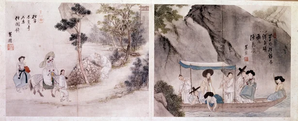 Art coreen: promenader och båtscen. Tryck av Sin Yun Bok (eller Hyewon) (född 1758). 1700-talet.