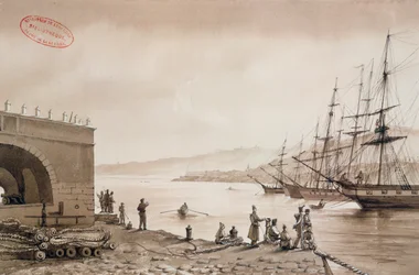 Utsikt över Fort Bab Azoun från hamnen, Alger, ca 1830-31 (wc på papper)