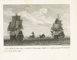 Einde van het gevecht van Jan Bart den 22 maj 1689 Slutet av kampen den 22 maj 1689, där Jean-Bart och Forbin, även om de är omaskerade, bara kapitulerar när de är säkra på att deras flotta drar sig tillbaka (titel på objekt) Samling av striderna av Jean-B