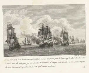 Jan Bart herovert graanschepen op een Hollands eskader, 1694 Den 29 juni 1694 träffade Jean-Bart flottan lastad med spannmål för Frankrike (...) och tog över hela flottan som han tog tillbaka till Frankrike (titel på objekt) Samling av striderna av Jean-Ba