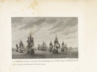 Jan Bart vaart Duinkerke binnen met de heroverde graanschepen, 1694 Den 3 juli 1694 återvänder Jean-Bart till hamnen i Dunkerque med flottan lastad med bleds som han hade tagit över, samt tre fartyg från fiendens skvadron (titel på objekt) Samling