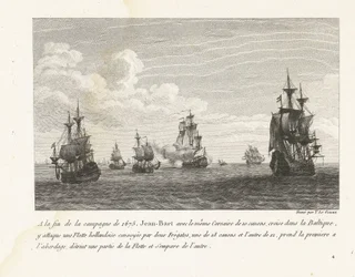 Jan Bart valt Hollandse schepen in de Baltische zee aan, 1675 I slutet av fälttåget 1675 anfaller Jean-Bart med samma Corsair på 10 kanoner, kryssningar i Östersjön, där en holländsk flotta (...) (titel på objektet) Samling av Jean-Bars slagsmål