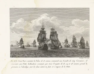 Jan Bart valt met zijn eskader een Hollandse vloot aan, 1676 1676 befäl Jean Bart, som monterade Palme med 18 kanoner, en skvadron på fem Corsairs (...) (titel på objektet) Samling av striderna av Jean-Bart, skvadronchef under Ludvig XIV (serietitel)