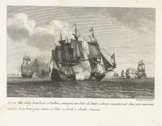 Jan Bart valt twee Engelse schepen aan, 1689 Den 22 maj 1689 mötte Jean-Bart och Forbin, som transporterade en flotta från Le Havre till Brest, på två stora engelska fartyg, Jean-Bart bestämmer sig för att rädda sin flotta för att närma sig fienden (titel 