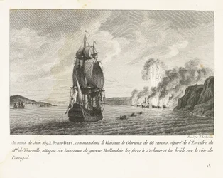 Jan Bart valt zes Hollandse schepen aan voor de kust van Portugal, 1693 I juni 1693 attackerade Jeaan-Bart, med befäl över Vaisseau le Glorieux med 66 kanoner (...) sex holländska krigsfartyg (...) på Portugals kust (titel på objekt) Rec