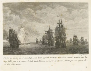 Treffen mellan en vloot under Jan Bart en en Hollandse vloot, 1696 I slutet av kampen den 18 juni 1696 får Jean-Bart veta att tretton fiendefartyg (...) och återvänder till Dunkerque med femton av sina rikaste priser (titel på objekt) Samling av comba