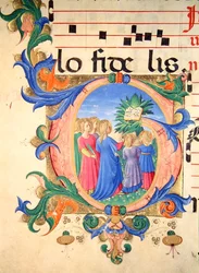 Missal 515 f.144v Historikert initial "G" som visar de troende som kommer in i paradiset (vellum)