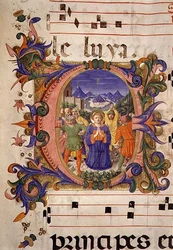 Missal 515 f.5r St. Stefans martyrskap avbildat i en historisk initial, gränsen upplyst av Filippo di Mateo Torelli (1409-68) från en körbok avrättad före 1449 (vellum)