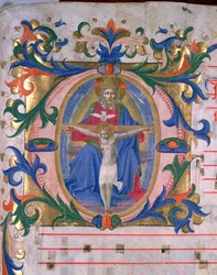 Ms 523 f.166r Historiserad initial "O" med treenigheten, från en missal, ca 1446-60 (pergament)