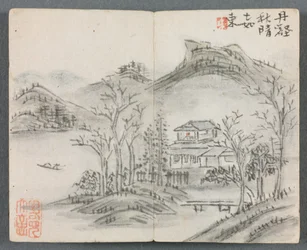 Miniatyralbum med figurer och landskapslandskap med kulle, hus, båt och bro, 1822.