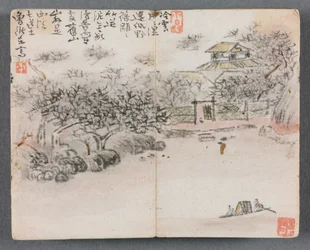 Miniatyralbum med figurer och landskapslandskap med två båtsmän, 1822.
