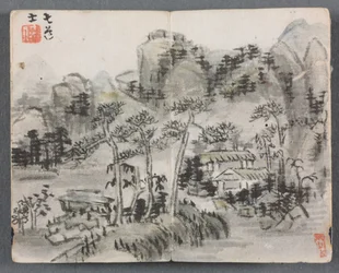 Miniatyralbum med figurer och landskapslandskap med två byggnader, 1822.