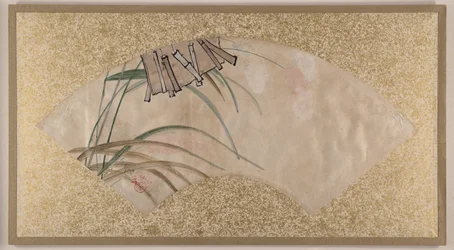 Blommor (rosa och vita) och blad, klapper, sent 1800-tal (solfjädermålning monterad som albumblad; tempera på papper)