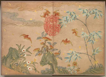Skrivbordsalbum: Flower and Bird Paintings Fladdermöss, stenar, blommor oval kalligrafi, 1700-tal.