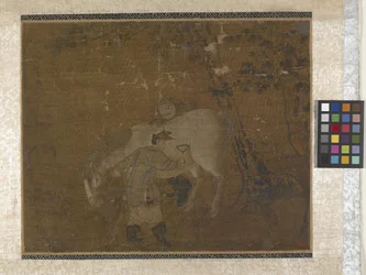 Grooms Combing White Horse (färger på siden)
