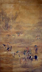 Mongolisk ryttare som jagar en häst. Sidenmålning av Fou Tchao Mong