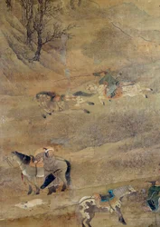 Mongolisk ryttare som jagar en häst. Detalj. Sidenmålning av Fou Tchao Mong
