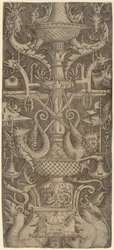 Ornamentpanel med drakar, masker och krigsinstrument, ca. 1505.