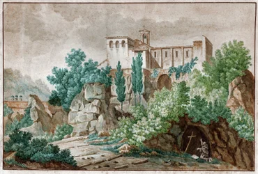 Ett kloster i Italien. Pelerin dyrkar Jesu Kristi kors i en grotta. cirka 1850 (akvarell)