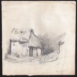 En stuga med halmtak i centrala Frankrike. ca. 1830 (illustration)