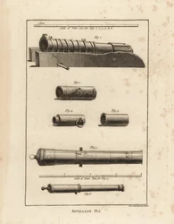 Forntida artilleripjäser: en forntida pistol 1, bitar av forntida perrier 2,3,4, en spansk pistol som användes av Armada gjord av kopparbly och järn 5, och en pistol gjord av kopparbly och järn 6