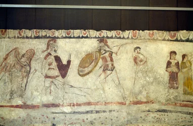 Stridsscen mellan två krigare, fresk från Necropolis i Andriuolo-Laghetto i Paestum, Kampanien, Italien, antikens grekiska civilisation, Magna Graecia, 300-talet f.Kr. (foto)