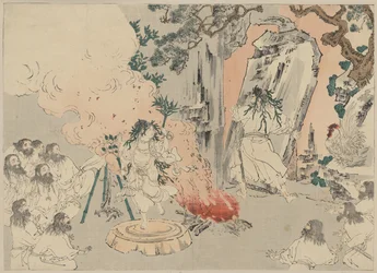 "Countess Kami" dansar för att locka ut solgudinnan Amaterasu ur sin grotta, ca 1890 (träsnitt)