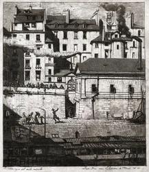 Brottsplats med polisingripande på kajerna i Paris. cirka 1860 (gravyr)