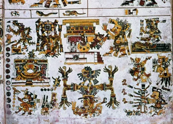 Detalj från en faksimil Kopia av en sida i Codex Borgia som visar de fyra riktningarna och mitten (färg litho)