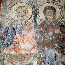 Fresker i klostret Agios Panteleimon, ön Tilos, Grekland