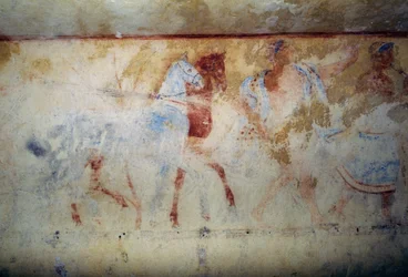 Begravningståg med hästar och mansfigurer, fresk, de blå demonernas grav, Tarquinias nekropolis (UNESCOs världsarvslista, 2004), Lazio, Italien Etruskisk civilisation, 500-talet f.Kr.