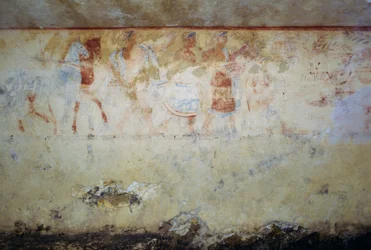 Begravningståg med dansare och musiker, fresk, Tomb of Blue Demons, Necropolis of Tarquinia (UNESCOs världsarvslista, 2004), Lazio, Italien Etruskisk civilisation, 500-talet f.Kr.