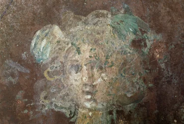 Chef för Medusa, detalj från fresk föreställande Perseus, från antika staden Stabiae, Castellammare di Stabia, Kampanien, Italien, romersk civilisation (foto)