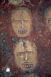 Heads of the damned, Last Judgment fresk i den bysantinska kyrkan Odigitria eller Agitria, Mani halvön, Peloponnesos, Grekland