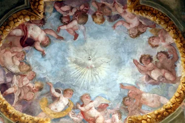 Helig ande och änglar. Färsk. Santa Maria delle Vigne basilikan. Genua. Italien.