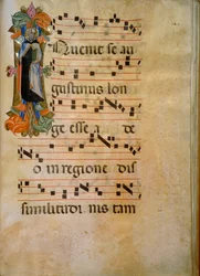 Upplyst initial med figuren av Saint Augustine (Corale 19, ca 149), verk av Silvestro dei Gherarducci för körbok 19 av Santa Maria degli Angeli konserverad i Biblioteca Medice-Laurenziana i Florens