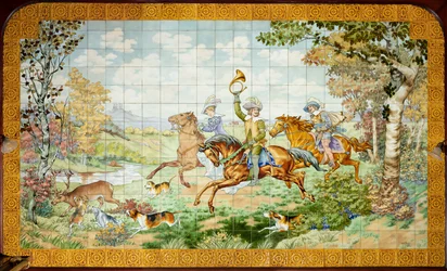 Interiörvy, kakelpanel, målare Furcy Ernest Tondeur, exekutör Boch Frères La Louvière, första panel, jaktscen med tre ryttare