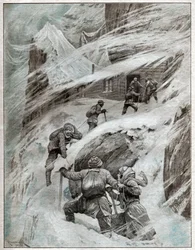 Italienska turister fastnade i stormen i de italienska alperna. 1925 (illustration)