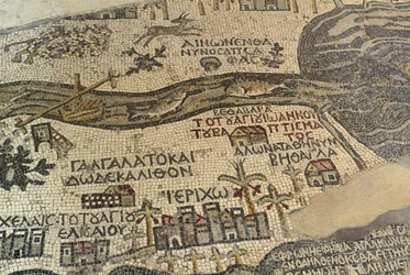 Jeriko och dess omgivningar, inklusive floden Jordan och Döda havet, detalj av det heliga landets karta, golvmosaik, ca 560 e.Kr., absid i basilikan Saint George, Madaba, Jordanien, bysantinsk civilisation, 600-talet e.Kr.