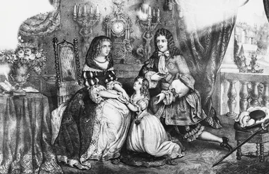Kung Ludvig XIV och hans dotter ber hertiginnan Louise de La Valliere att inte dra sig tillbaka till klostret