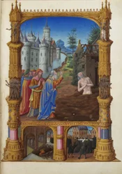 Les Très Riches Heures du duc de Berry, Folio 82r - Job hånad av sina vänner Musée Condé, Chantilly. Job, hans fru och hans vänner.