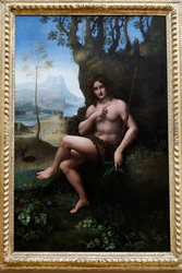 Louvren, Paris, Frankrike. Leonardo da Vincis verkstad, krediterad till Francesco Melzi, Johannes Döparen, olja på panel överförd till duk, ca. 1510-1520.