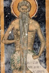 Kloster (manastirea Sucevita). Kyrkan. Exteriör. Kören. Västra delen. Väggmålning.