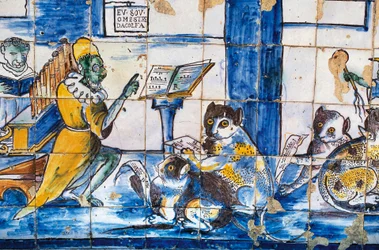 Musiklektion, med antropomorfa katter och möss, azulejos-plattor, trädgårdarna i Palace of Marquis de Fronteira