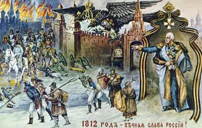 Napoleonskriget 1812, skildring av Napoleons reträtt från Moskva som övervakas av den kejserliga ryska tvåhövdade örnen och tsar Alexander I.